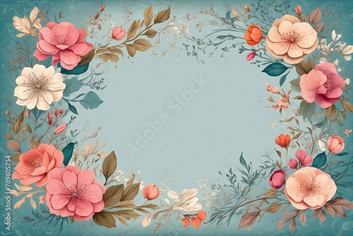 frame with roses on blue, vintage notes, design for invitations, greeting cards, and warm congratulations 