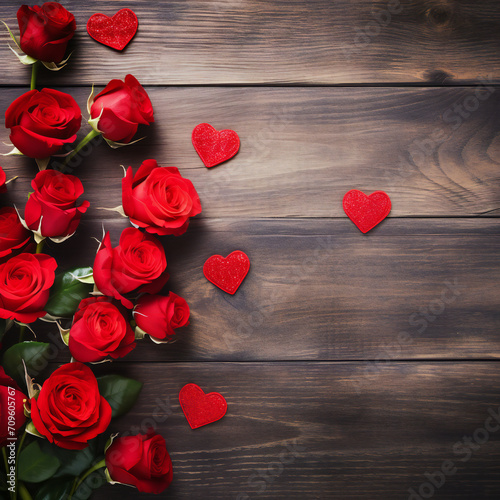 Red roses flowers with red hearts on old wooden background with place for text. Romantic Valentines holidays concept. Valentine's day greeting card. Copy space. Top view. Generative AI
