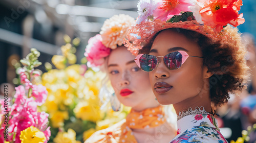 An elegant Easter fashion show on a city street with models wearing spring-inspired outfits and floral accessories surrounded by blooming flowers.
