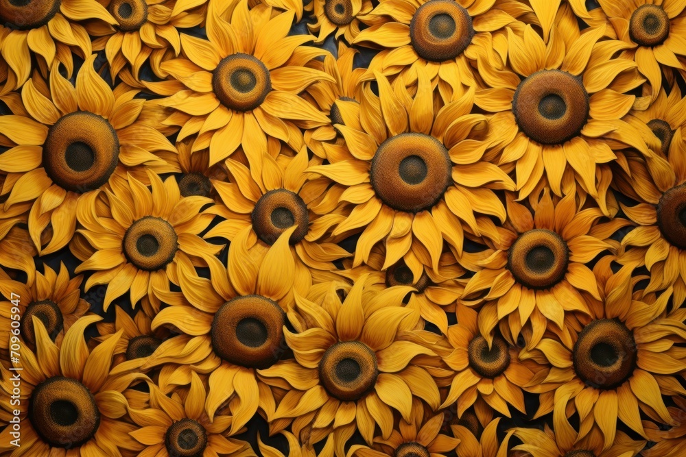 a large group of yellow sunflowers with brown centers on a black background with a brown circle around the center of the sunflowers. a large group of yellow sunflowers with brown centers on a black background with a brown circle around the center of the sunflowers.