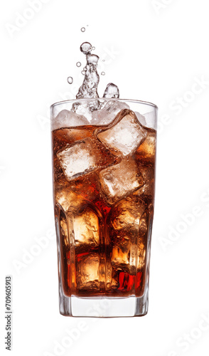 Carbonated drink with ice cubes on white background.