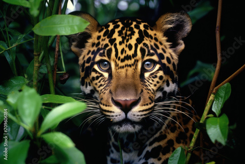  a close - up of a leopard s face surrounded by plants and greenery  with a black background.
