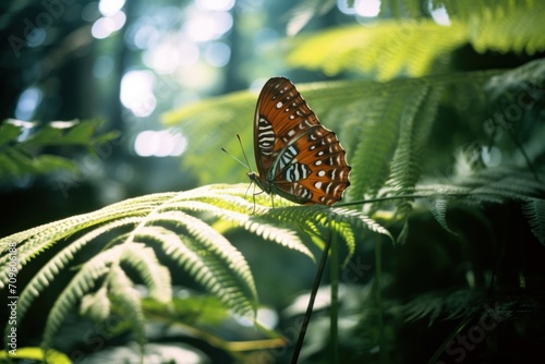  a butterfly sitting on top of a leaf in the middle of a forest with lots of green leaves around it.