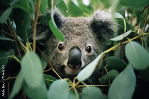  a close up of a koala in a tree looking at the camera with a sad look on its face.