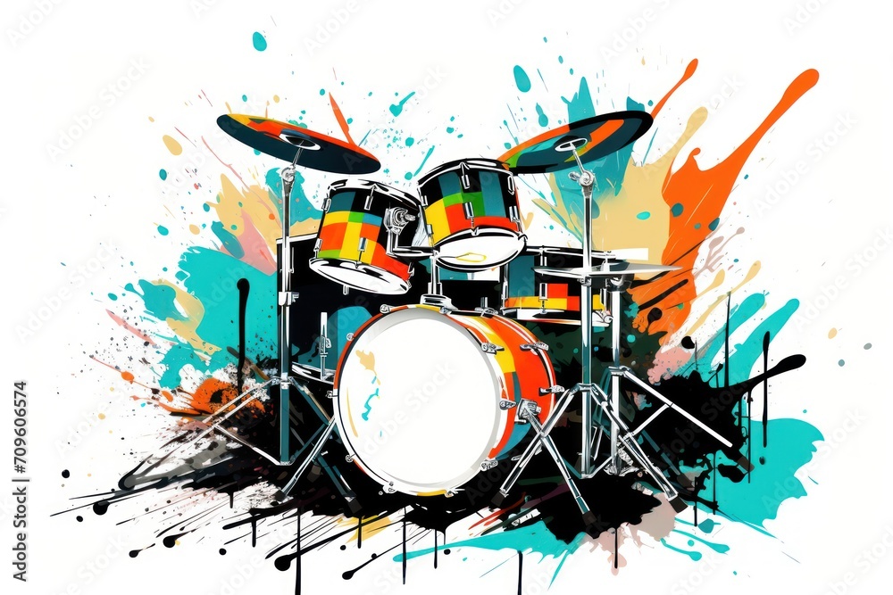  a drum set with paint splatters and paint splatters on the background of a splashy background.