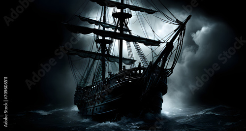 a tall ship sailing on rough waves on a stormy night
