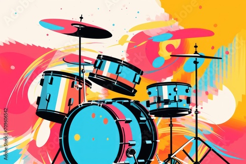  a painting of a drum set in front of a yellow and pink background with a splash of paint on it.