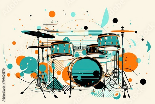  a drum set on a white background with blue and orange paint splattered on the drum heads and drumsticks. photo