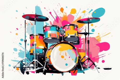  a painting of a drum set with paint splatters and splashes on the side of the drum set.