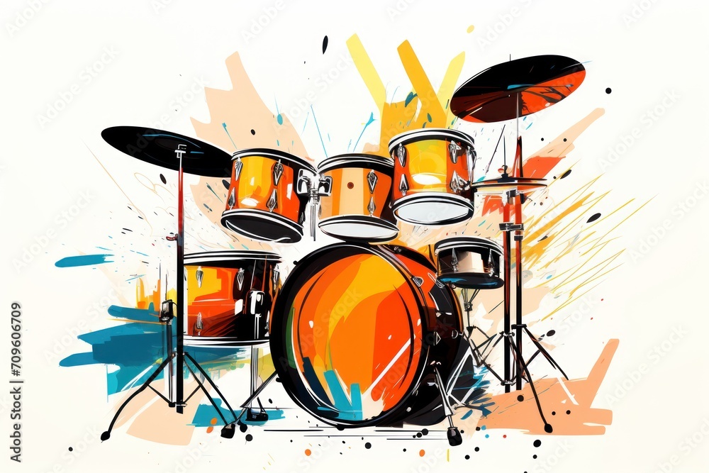 a painting of a drum set with orange and blue paint splatters on it's sides and a white background. a painting of a drum set with orange and blue paint splatters on it's sides and a white background.