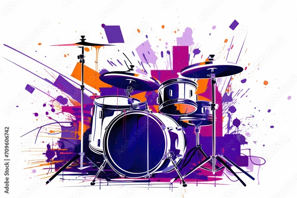 a painting of a drum set on top of a purple and orange background with grungy paint splatters. a painting of a drum set on top of a purple and orange background with grungy paint splatters.