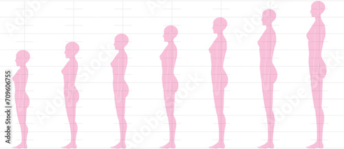 横から見た人間の身長バランス。
6頭身7頭身8頭身9頭身の
女性体形のイラスト