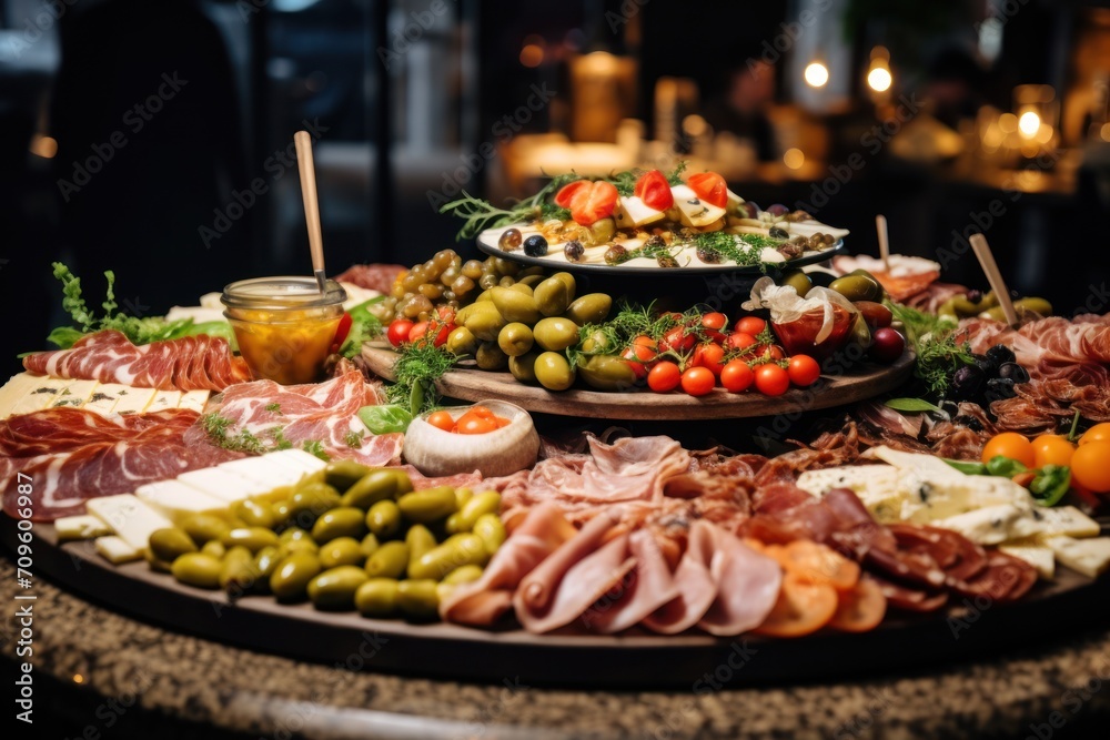  a platter of meats, cheeses, olives, tomatoes, and olives on a table.