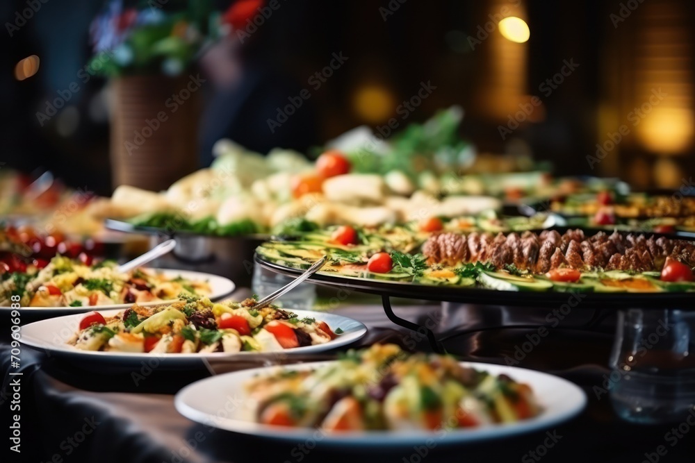 a close up of many plates of food on a table with other plates of food on the side of the table.