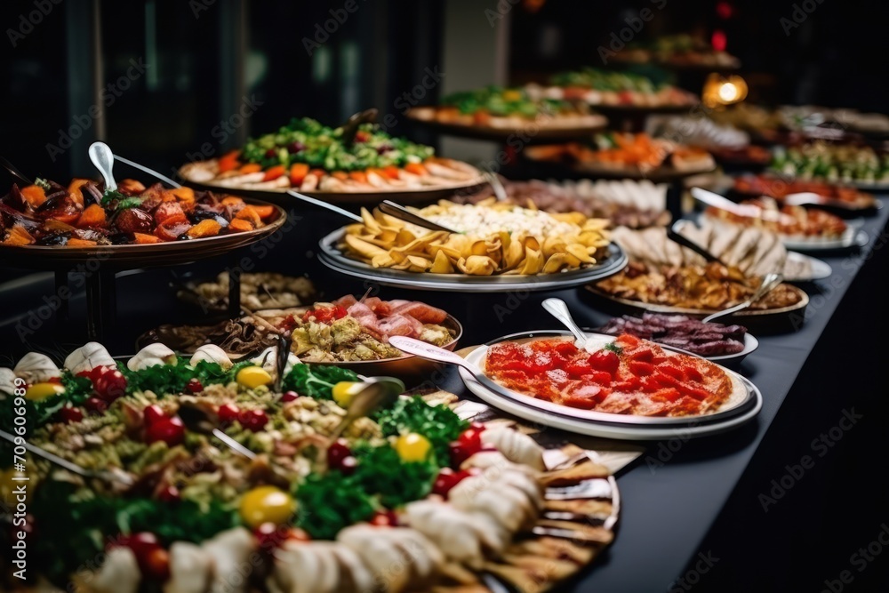 Fototapeta premium a buffet table filled with lots of different types of plates and platters filled with different types of appetizers.