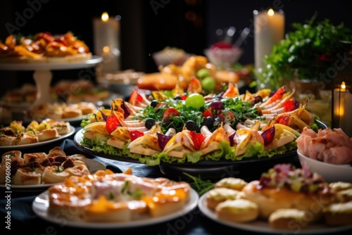  a close up of a plate of food on a table with other plates of food and candles in the background.