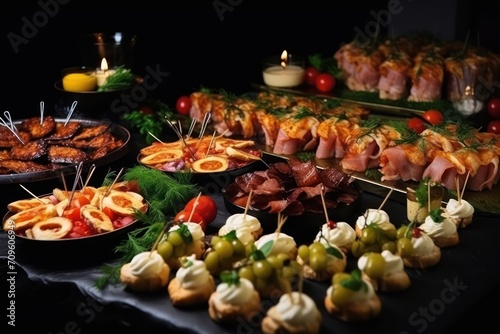  a variety of appetizers are displayed on a buffet table with candles and plates of appetizers in the background.