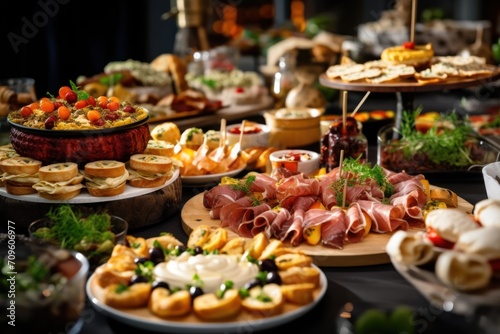  a table filled with lots of different types of food and appetizers on top of plates and serving trays.
