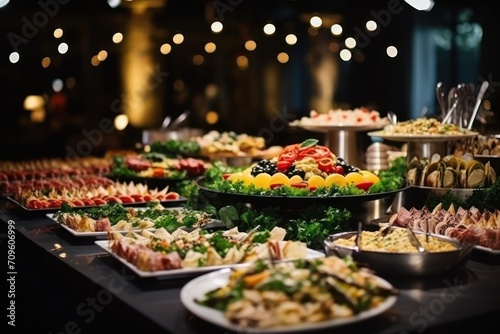  a buffet table filled with lots of different types of salads and salads on trays with lights in the background.