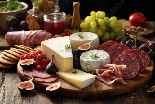  a variety of cheeses, meats, and cheeses on a wooden platter on a wooden table.