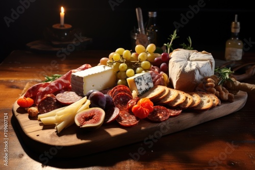  a wooden cutting board topped with lots of different types of cheeses and meats next to a lit candle.
