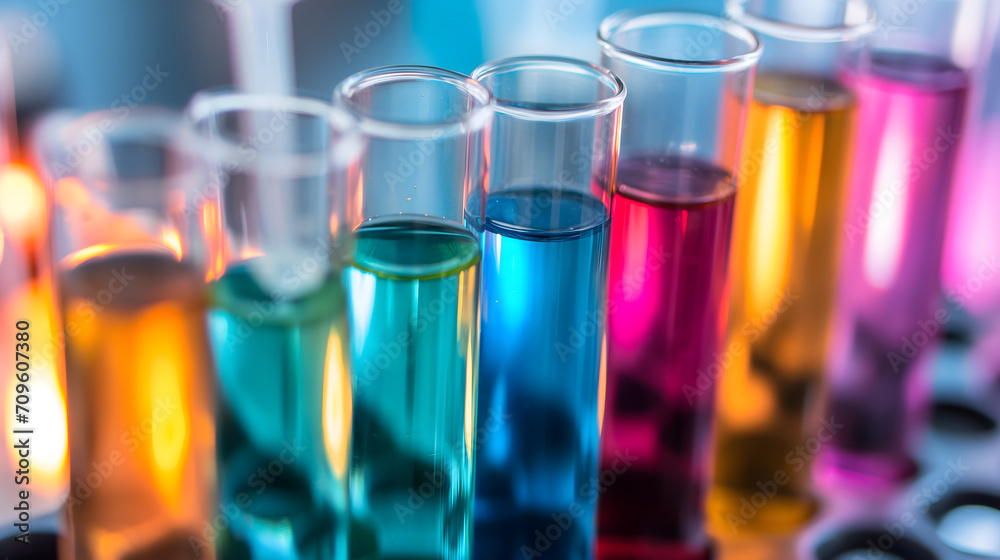 a set of test tubes in a modern laboratory setting. The image focuses on the clear glass test tubes, each filled with different colored solutions, neatly lined up in a rack a set of test tubes in a modern laboratory setting. The image focuses on the clear glass test tubes, each filled with different colored solutions, neatly lined up in a rack