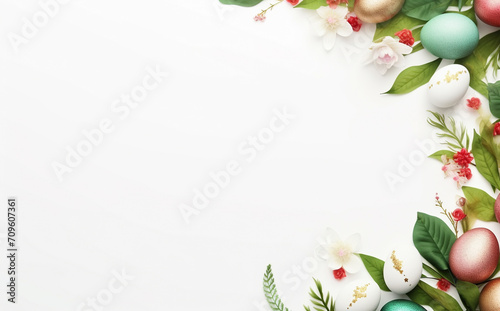 Easter eggs and flowers. Place for a greeting card. Design on holiday theme. Vector illustration of spring bouquet