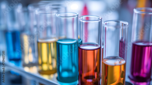a set of test tubes in a modern laboratory setting. The image focuses on the clear glass test tubes  each filled with different colored solutions  neatly lined up in a rack
