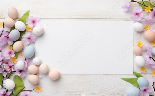 Banner. Easter eggs, flowers minimal concept. Top view. Postcard with space for text.