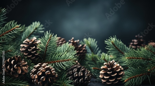  a group of pine cones sitting on top of a green pine tree branch next to a pine cone on top of a pine branch.
