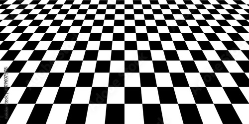 Checkerboard perspective grid. Chess board black and white background