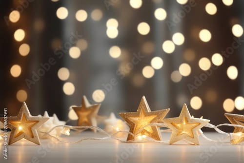  a group of gold stars sitting next to each other on a table next to a string of lights and a curtain.