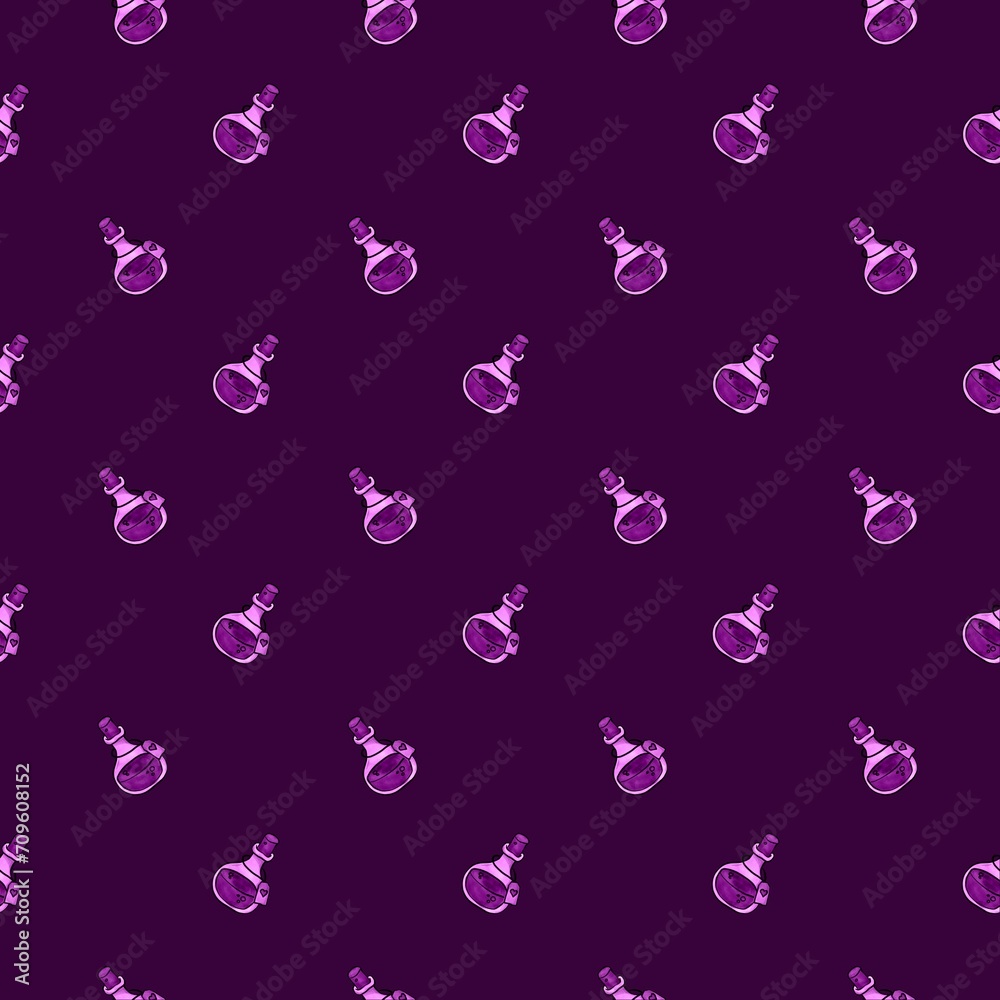 hand drawn seamless pattern with witch potions on purple background