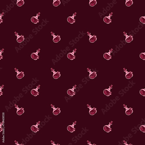 hand drawn seamless pattern with witch potions on red background