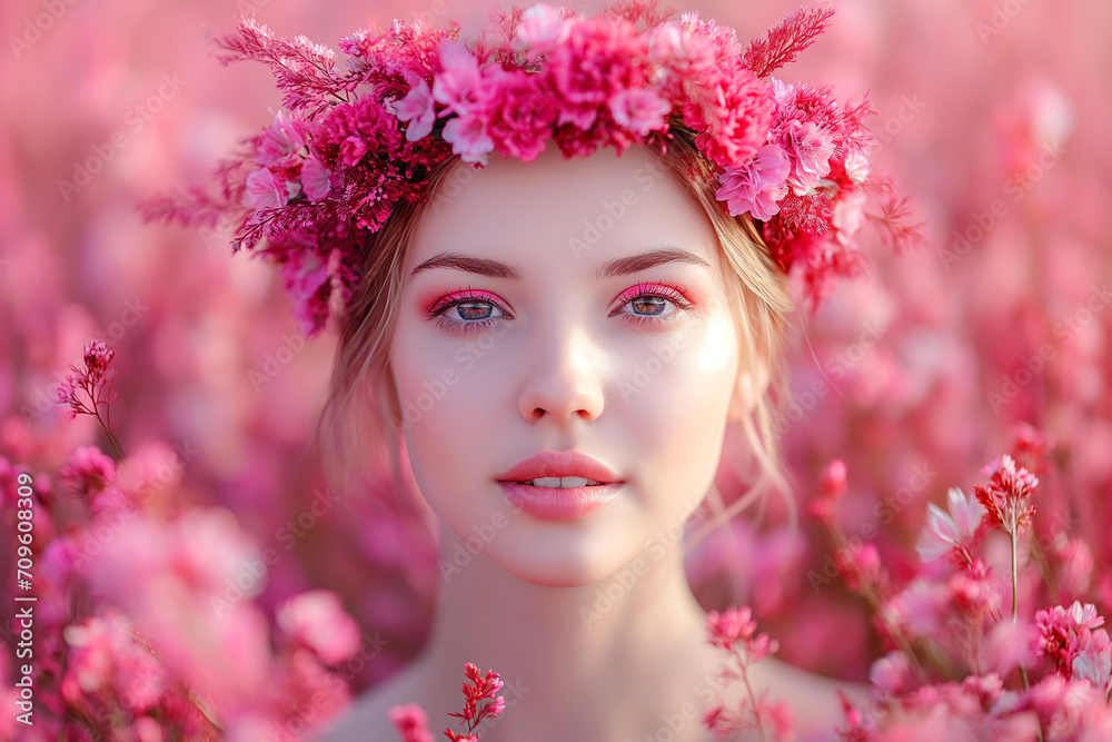 Portrait of a beautiful woman with wreath spring flowers over her head. Close up perfect skin face and beautiful eyes. Close up eye woman with flower on her head. Portrait of a beautiful woman with wreath spring flowers over her head. Close up perfect skin face and beautiful eyes. Close up eye woman with flower on her head.