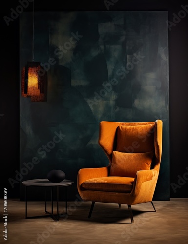 AI generated illustration of a vibrant orange chair and a sleek table against a black background