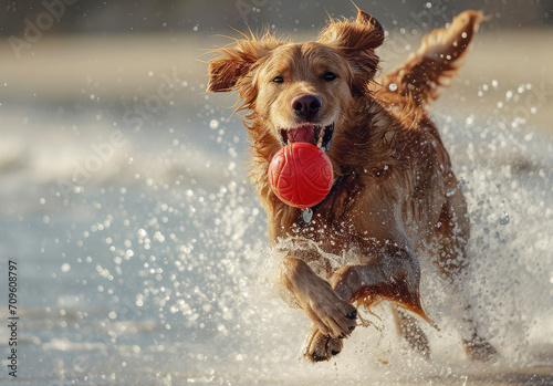 A dog with a ball in its mouth runs along the sea coast © Александр Довянский