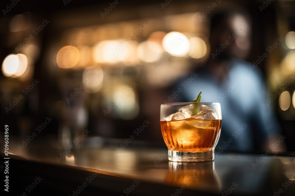  a close up of a glass on a bar with a person in the background in a blurry photo behind it.