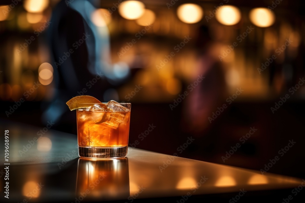  a close up of a glass with a drink on a table with a blurry background of people in the background.