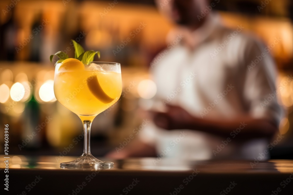  a man standing in front of a bar with a glass filled with a drink and a lemon slice on top of it.