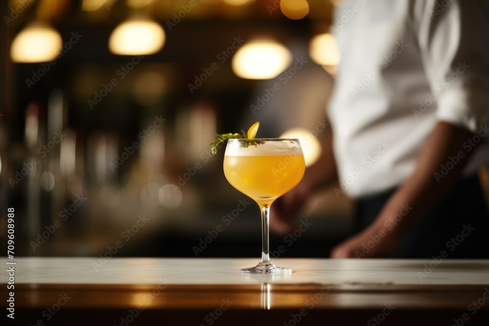  a close up of a drink on a table with a person in the background in a blurry photo behind it.