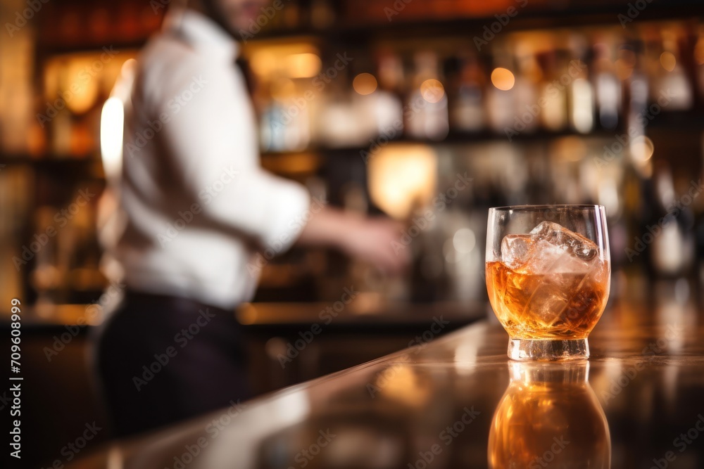  a close up of a glass of alcohol on a bar with a man in the background in a blurry photo.