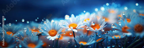 Stunning macro shot of water droplets on daisies with a blue twilight backdrop, showcasing nature's delicate balance.