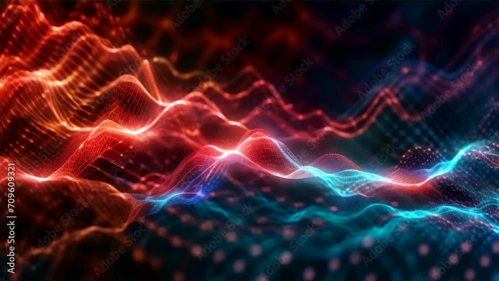 Dynamic digital waveforms intersecting with bands of red, blue, and orange light.
Dynamic digital waveforms intersecting with bands of red, blue, and orange light.