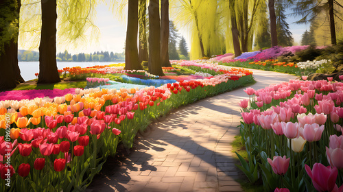 Immerse yourself in the beauty of the Canada Tulip Festival as visitors admire and photograph the stunning tulip varieties, creating a colorful tapestry in realistic HD detail #709609507