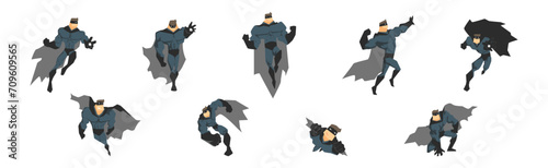 Man Superhero Character in Cloak and Mask in Different Pose Vector Set