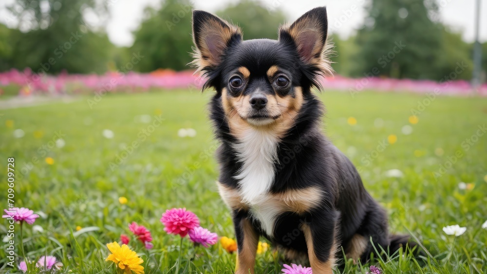 Black and tan long coat chihuahua dog in flower field Black and tan long coat chihuahua dog in flower field