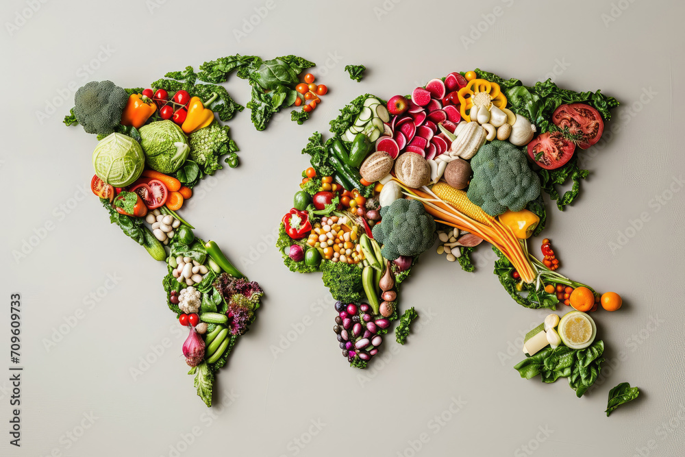 world map consisting of many different fresh vegetables. vegetarianism concept