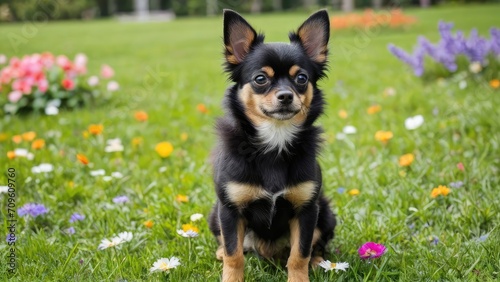 Black and tan long coat chihuahua dog in flower field