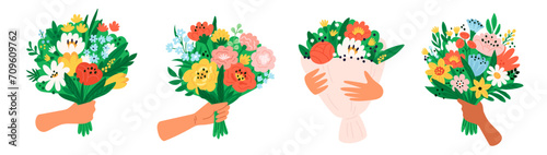 Cartoon hands hold flowers. Beautiful bouquets. Spring holiday botanical present. Floral compositions. Blooming romantic gifts. Blossoms bunch in arms. Natural plants. Garish vector set